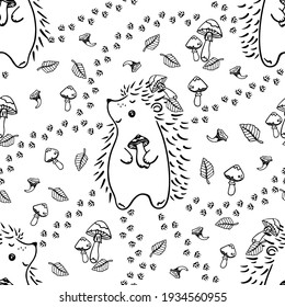 Vector seamless pattern hedgehog looking for mushrooms. Footprints of a hedgehog running through the forest in search of food. Black and white design for printing on textiles, packaging, paper.