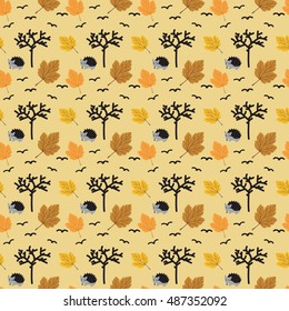 Vector seamless pattern with hedgehog, tree, leaf and bird
