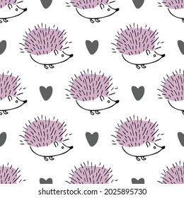Vector seamless pattern with hedgehogs and hearts on white background. Hand-drawn cute doodle illustration.