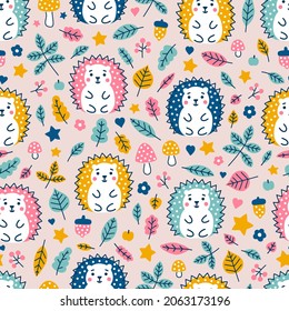 Vector seamless pattern with hedgehogs, leaves, acorns, apples and mushrooms. Cute childish background. Autumn illustration.