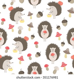 vector seamless pattern with hedgehogs, mushrooms and acorns