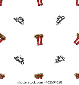 Vector seamless pattern with hello autumn lettering and red hunter boots and leaves. Background for decoration seasonal celebration, greeting card and banner. Hand drawn symbols on white backdrop.