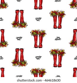 Vector seamless pattern with hello autumn lettering and red hunter boots and leaves. Background for decoration seasonal celebration, greeting card and banner. Hand drawn symbols on white backdrop.
