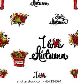 Vector seamless pattern with hello autumn, fall in love lettering, autumn leaves bouquet in hatbox, red hunter boots. Background for decoration seasonal celebration, greeting card and banner.