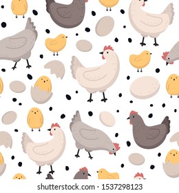 Vector seamless pattern with hens, chickens and eggs. Poultry farm. Domestic bird.