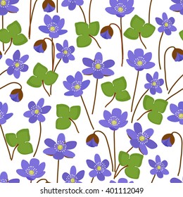 Vector seamless pattern with Hepatica nobilis flower on a white background. Perfect for greeting cards, wedding invitations, retro parties. Vector labels and badges.