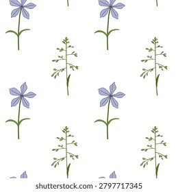 Vector seamless pattern with herbaceous plants and wildflowers. Summer nature background.