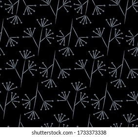 Vector seamless pattern with herbal elements. Black background. Textile sketch, background, wrapping paper, design, packaging. Eps 8.