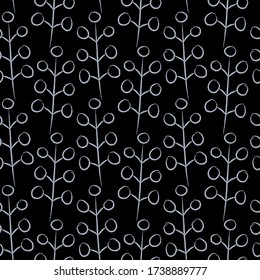 Vector seamless pattern with herbal elements. Black background. Textile sketch, background, wrapping paper, design, packaging. Eps 8.