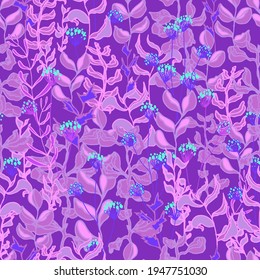 vector seamless pattern herbs, branches, flowers and stems with leaves.Botanical forest illustration. Background, wallpaper, fabric, textile, packaging, paper