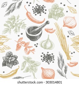 Vector seamless pattern with herbs and spices. Modern stylish texture. Repeating abstract background.