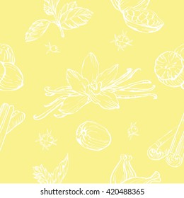 Vector seamless pattern with herbs and spices. Modern stylish texture. Repeating abstract background.