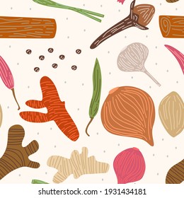Vector seamless pattern with herbs such as ginger, chilli pepper, onion, red onion, garlic, clove, lemongrass, turmeric. Sketch spices design for paper, cover, fabric, interior decor and other uses.