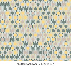 Vector seamless pattern. Hexagon mosaic background with inner solid cells. Hexagon cells. Multiple tones color palette. Seamless pattern. Tileable vector illustration.