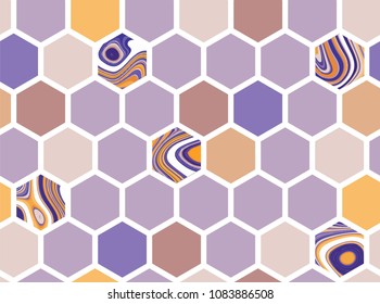 Vector seamless pattern with hexagones in violet pastel palette. Honeycomb repeating texture for background, interior design, kitchen mosaic, poster, card, banner, cover, textile, polygraph, brochure