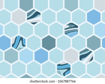 Vector seamless pattern with hexagons in cold pastel palette. Honeycomb texture for background, poster, postcard, billboard, card, banner, cover, textile, interior, business card, polygraphy, brochure