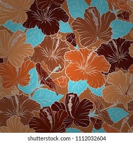 Vector seamless pattern with hibiscus flowers and leaves in orange, brown and red colors. Cute floral background. Textile print for bed linen, jacket, package design, fabric and fashion concepts.
