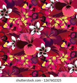 Vector seamless pattern with hibiscus flowers and leaves in purple, brown, yellow, red colors. Cute floral background. Textile print for bed linen, jacket, package design, fabric or fashion concepts.