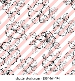 Vector Seamless pattern hibiscus flowers outline on diagonal stripes