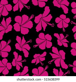 Vector seamless pattern of hibiscus flowers on a black. Ideal for web, card, poster, fabric or textile. Hand Drawn tropical style texture. Creative universal floral pattern in magenta colors.
