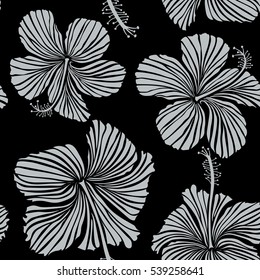 Vector seamless pattern of hibiscus flowers on a black. Hand Drawn tropical style texture. Creative universal floral pattern in gray colors. Ideal for web, card, poster, fabric or textile.