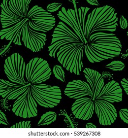 Vector seamless pattern of hibiscus flowers on a black. Hand Drawn tropical style texture. Creative universal floral pattern in green colors. Ideal for web, card, poster, fabric or textile.