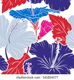 Vector seamless pattern of hibiscus flowers on a white. Ideal for web, card, poster, fabric or textile. Hand drawn tropical style. Creative universal floral pattern in magenta, blue and red colors.