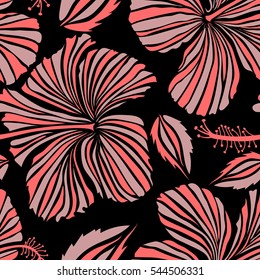 Vector seamless pattern of hibiscus flowers on a black. Ideal for web, card, poster, fabric or textile. Hand Drawn tropical style texture. Creative universal floral pattern in pink and neutral colors.