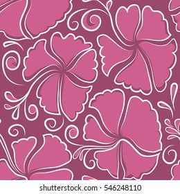 Vector seamless pattern of hibiscus flowers. Ideal for web, card, poster, fabric or textile. Hand Drawn tropical style texture. Creative universal floral pattern in pink colors.