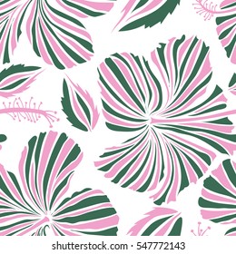Vector seamless pattern of hibiscus flowers on a white. Ideal for web, card, poster, fabric or textile. Hand Drawn tropical style texture. Creative universal floral pattern in white and green colors.