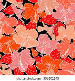 Vector seamless pattern of hibiscus flowers on a black. Creative universal floral pattern in pink, orange and red colors. Ideal for cards, poster, fabric or textile. Hand drawn tropical style texture.