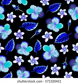 Vector seamless pattern of hibiscus flowers on black background. Creative universal floral pattern in multicolor tropical style. Ideal for web, card, poster, fabric or textile. Hand Drawn textures.