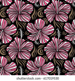 Vector seamless pattern of hibiscus flowers on a black. Creative universal floral pattern in beige and pink colors. Ideal for web, card, poster, fabric or textile. Hand Drawn tropical style texture.