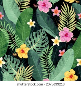 Vector seamless pattern with hibiscus and palm