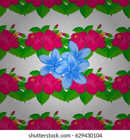 Vector seamless pattern with hibiscus and plumeria flowers and leaves on a white background. Watercolor floral background. Textile print for bed linen, jacket, package design, prints, textile, fabric.