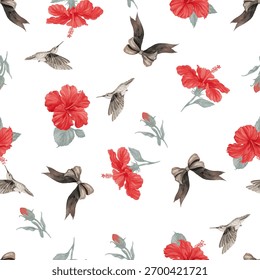 Vector sin patrón de hibisco, cinta y pájaro. aislado sobre fondo blanco