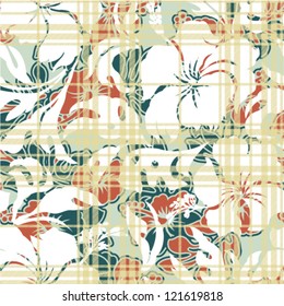 Vector seamless pattern with hibiscus and tartan plaid texture