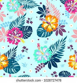 Vector seamless pattern with Hibiscus and tropical leaf. Exotic Hawaii art background is tropical trendy elements. Design for fabric, textile, wrapping paper and other decoration.
