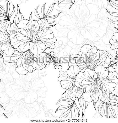 Vector seamless pattern Hibiskus bouquet with palm leaves. Bright flower, Tropical botanic illustration. Summer exotic, elegant flora. Black silhouette for circuit