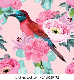 Vector seamless pattern with high detailed birds and roses