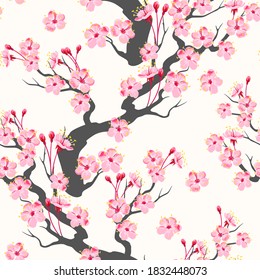 Vector seamless pattern with high detailed pink sakura branch