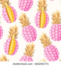 Vector seamless pattern with high detailed pink pineapple