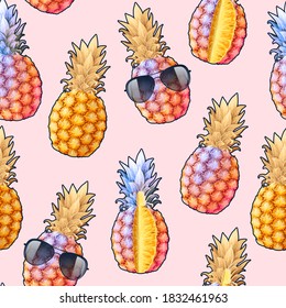Vector seamless pattern with high detailed pineapple and sunglasses