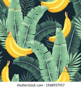 Vector seamless pattern with high detailed banana and banana leaves