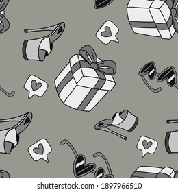 Vector seamless pattern with high gifts, heels shoes, hearts and glasses. Valentines day background. Hand drawn texture in cartoon retro black and white doodle style.