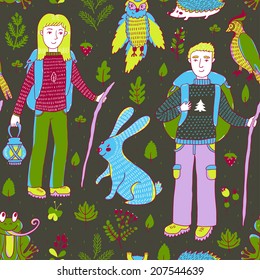 Vector seamless pattern with hiking people, forest animals and plants. Hand drawing forest texture with tourists, rabbit, hedgehog, frog, owl, woodpecker, leaves, berries and branches.