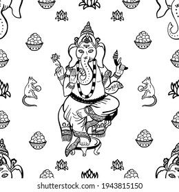 Vector seamless pattern Hinduism god Ganesha. Lord Ganesha sits on the throne. Treats for Ganesha. Black and white design for printing on textiles, packaging, paper, wallpaper. 