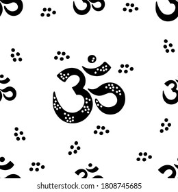 Vector seamless pattern Hinduism symbol on white background. Black-white repeating ornament design for printing on packaging, textiles, wallpaper, paper.