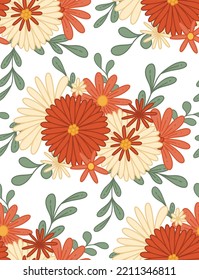 Vector seamless pattern with hippie bunch of flowers. Retro texture with bouquet groovy flowers with stems in row on white background.  Floral backdrop for fabrics and wallpapers.
