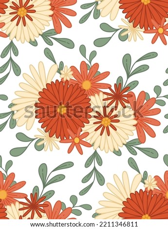 Vector seamless pattern with hippie bunch of flowers. Retro texture with bouquet groovy flowers with stems in row on white background.  Floral backdrop for fabrics and wallpapers.